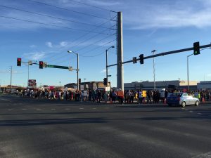 Demonstrators line the streets in midtown Anchorage in support of Black Lives Matter. (Hillman/Alaska Public Media)