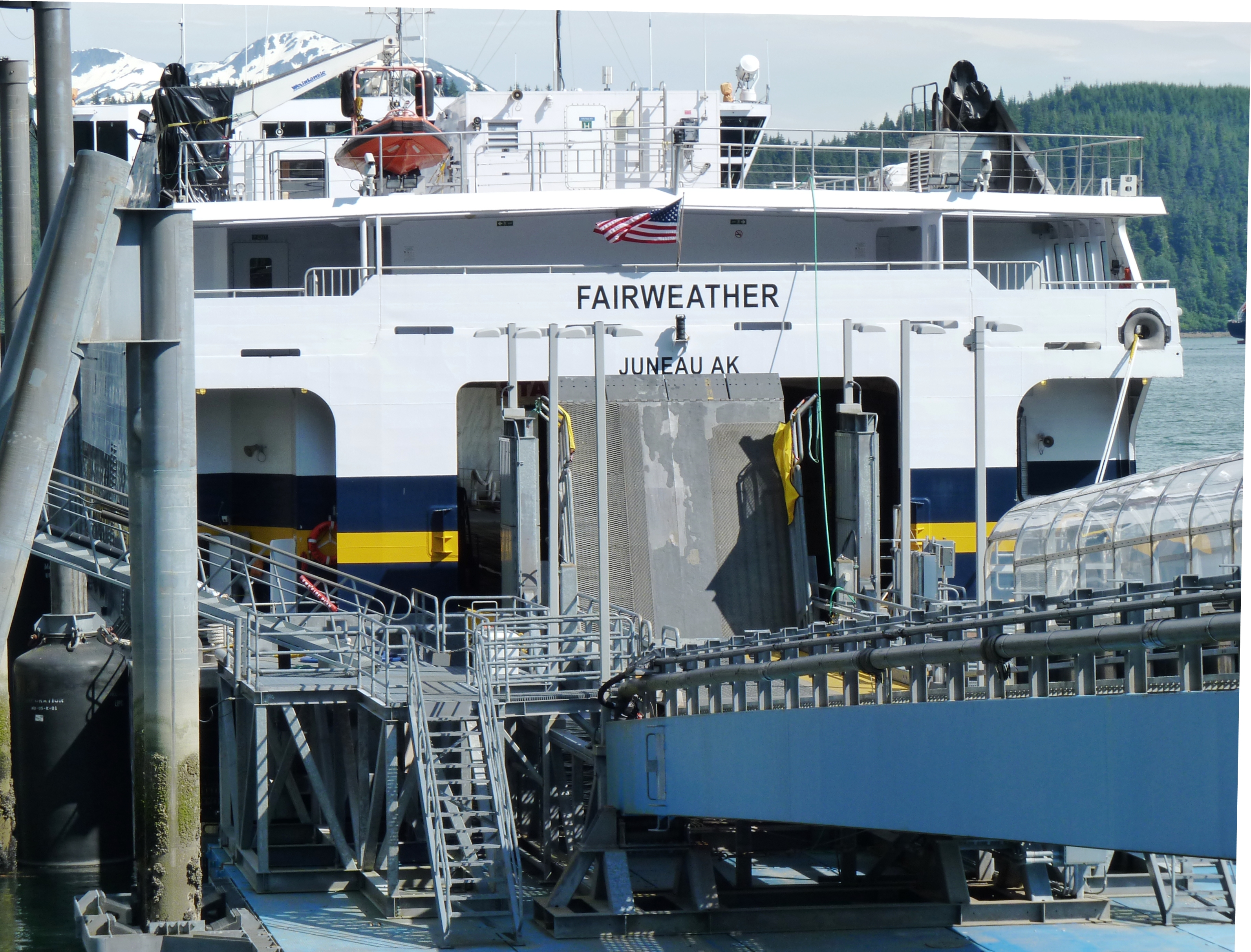 The fast ferry Fairweather docks at Juneau’s Auke Bay Ferry Terminal in 2013. It’s one of several ships with an uncertain future as the marine highway system’s budget shrinks. (Photo by Ed Schoenfeld, CoastAlaska News - Juneau)
