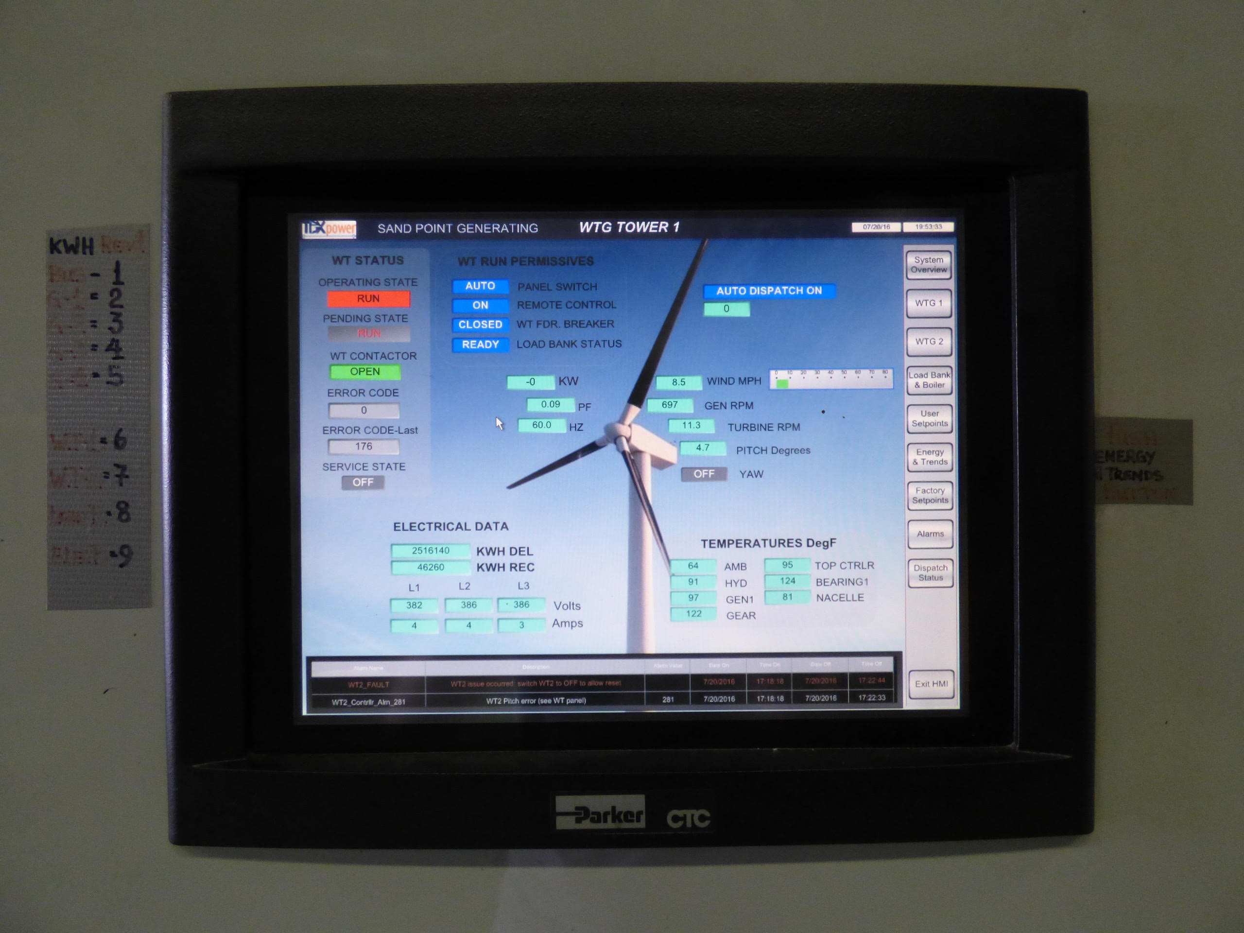 A screen showing the status of one of the wind turbines at Sand Point (Photo by Zoe Sobel, Alaska's Energy Desk - Unlaska)