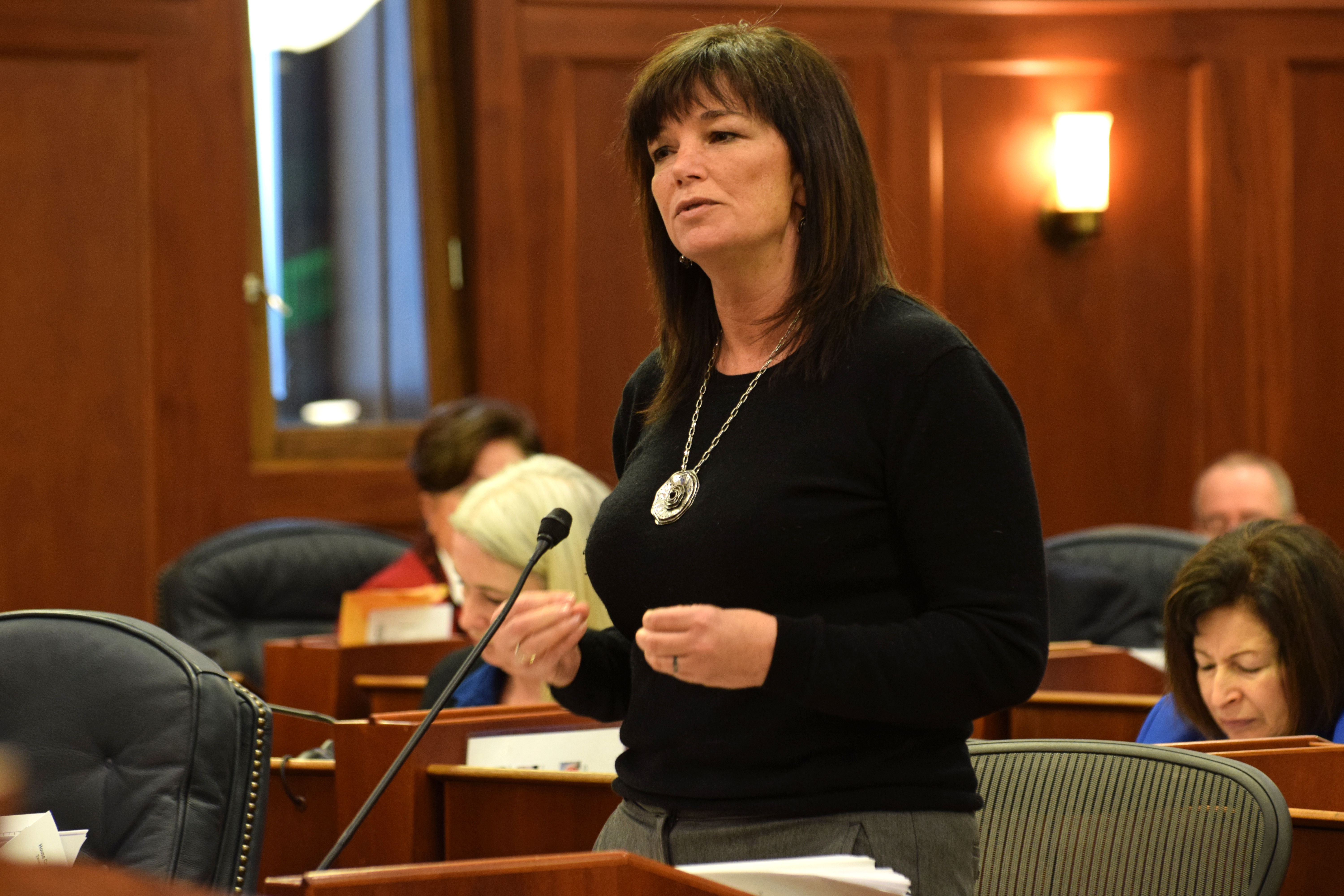 Rep. Charisse Millett, R-Anchorage, speaks in support of Senate Concurrent Resolution 6, Sexual Assault Awareness Month, April 6, 2015. (Photo by Skip Gray, 360 North)