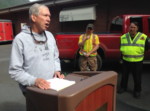 National Weather Service Meteorologist Joel Curtis (left) speaking with reporters in the aftermath of the 2015 slide, along with DOT geologist Mitch McDonald and Deputy Fire Chief Al Stevens (right). Curtis served as the incident meteorologist for the recovery effort. He describes it as one of the “major events” of his three-decade career. (Robert Woolsey, KCAW - Sitka)