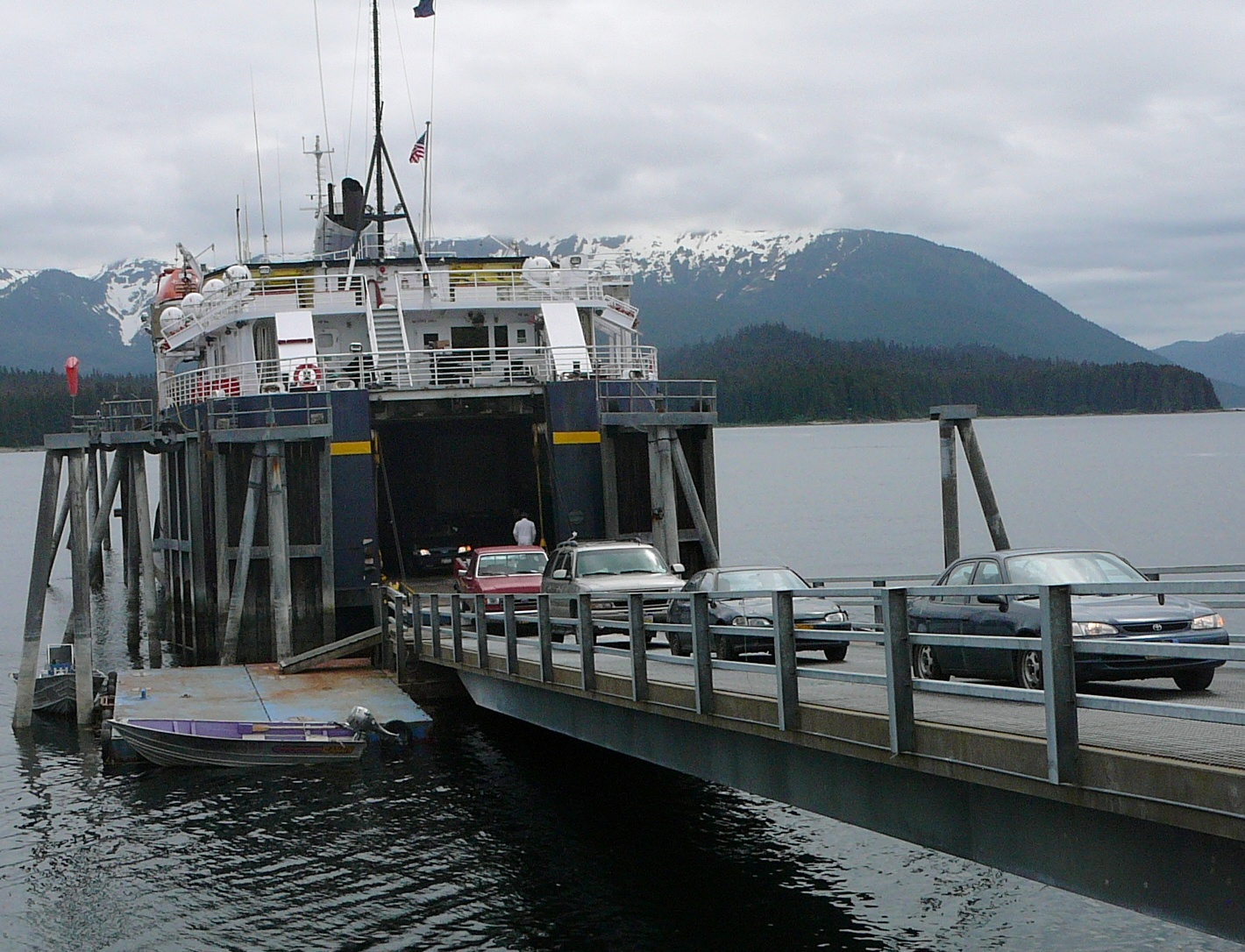 Drivers leave the ferry Fairweather at the Angoon terminal in 2010. Angoon will have more service this winter. (Photo by Ed Schoenfeld, CoastAlaska News - Juneau)