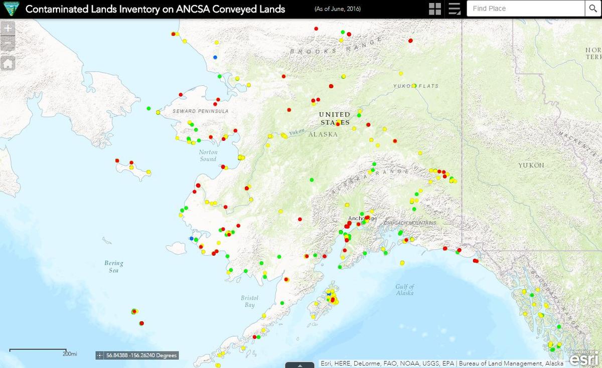 The BLM put together an inventory of 920 contaminated sites conveyed to Alaska Native Corporations, color-coded to indicate sites that have already been cleaned up, and those with work still to be done. (Web screenshot)
