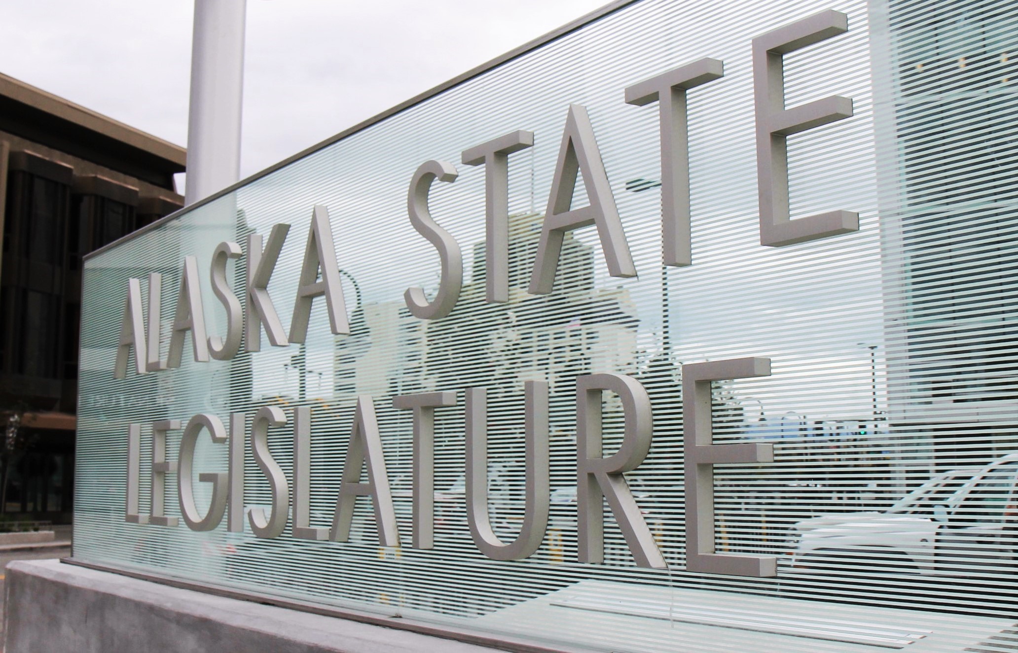 The Alaska State Legislature sign at the Legislative Information Office in Downtown Anchorage.