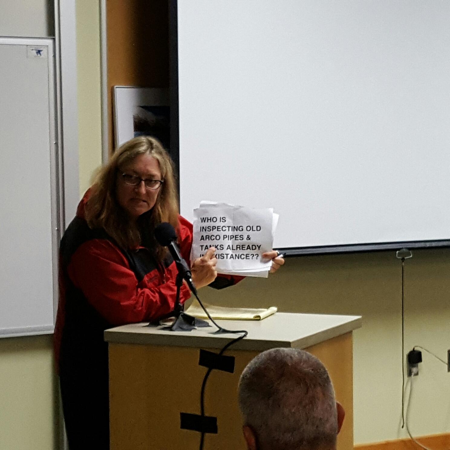 Jeanne Parker testifies at the Cook Inlet Lease Sale public hearing in Homer on August 17. (Photo by Shahla Farzan, KBBI - Homer)