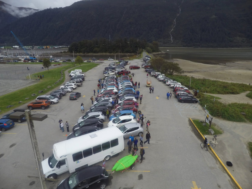 A drone shot of Juneau’s electric vehicle get together. (Photo by Gabe Strong)
