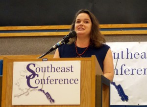 Maelani Schijvens presents “Southeast Alaska by the Numbers 2016″ to the Southeast Conference in Petersburg, Sept. 20. (Photo by Angela Denning, KFSK - Petersburg)
