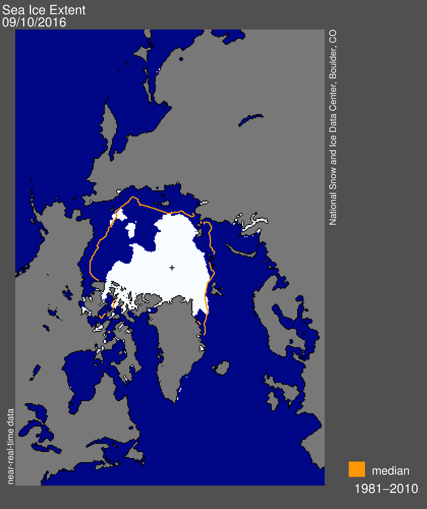 Sea ice had retreated far to the north of the Crystal Serenity's route around Alaska and through the Northwest Passage as of Sept. 10, according to Colorado-based National Snow and Ice Data Center. The orange line shows the mean minimum summertime extent of Arctic sea ice based on satellite measurements taken in mid-September from 1981 to 2010. (Grpahic courtesy of NSIDC)