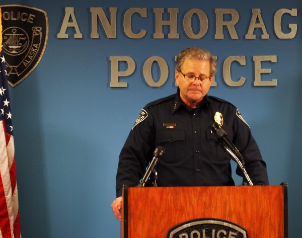 Police Chief Chris Tolley speaking to reporters during a press conference Friday at APD Headquarters. (Photo: Zachariah Hughes, Alaska Public Media - Anchorage)