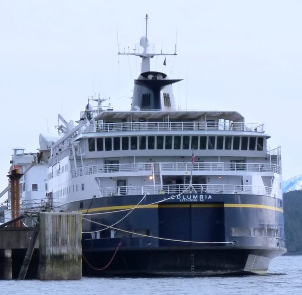 The state ferry Columbia will soon sail south for repairs to a damaged propeller. That will leave Southeast with fewer port calls. (Photo by Ed Schoenfeld/CoastAlaska News)