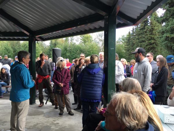 Mayor Ethan Berkowitz, along with APD Chief Chris Tolley took questions for more than an hour-and-a-half from concerned residents of neighborhoods around Valley of the Moon Park. (Photo: Zachariah Hughes - Alaska Public Media, Anchorage)