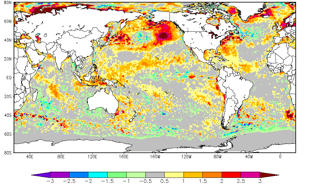 A map of sea surface temperatures from Sept. 19th shows the blob below Alaska. (Graphic courtesy of NOAA)