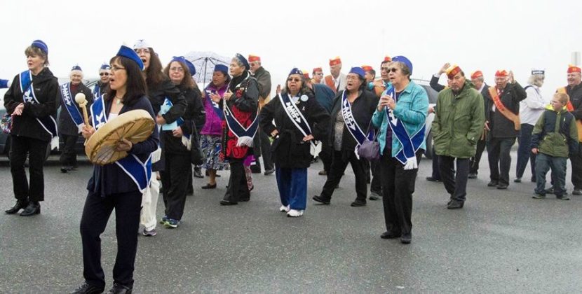 ANB and ANS members and leaders prepare to march in a parade during the 2015 Grand Camp Convention in Wrangell. (Photo courtesy Peter Naoroz - ANB)