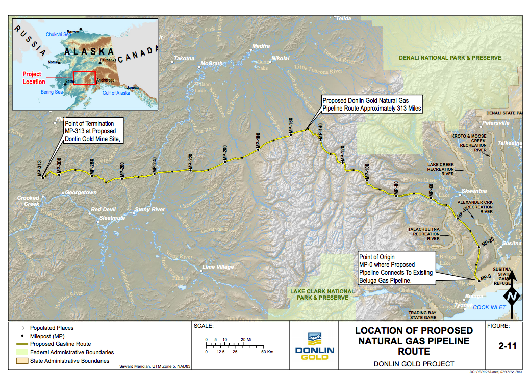 Proposed route for the Donlin Gold natural gas pipeline that would run more than 300 miles from Cook Inlet to above Crooked Creek. (Chart courtesy of USACE)