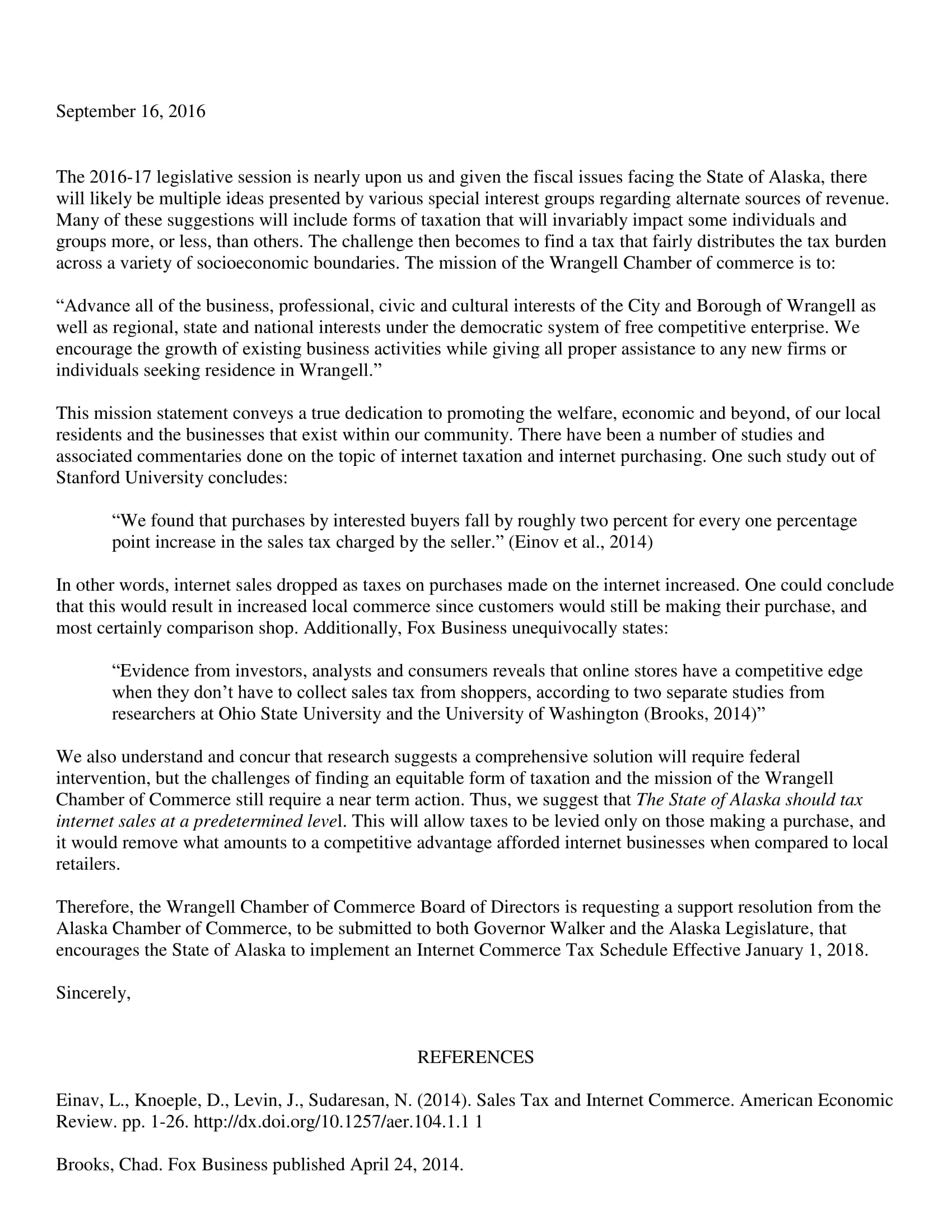 Wrangell Chamber of Commerce’s letter to the Wrangell Assembly, Southeast Conference and the Alaska Chamber of Commerce.