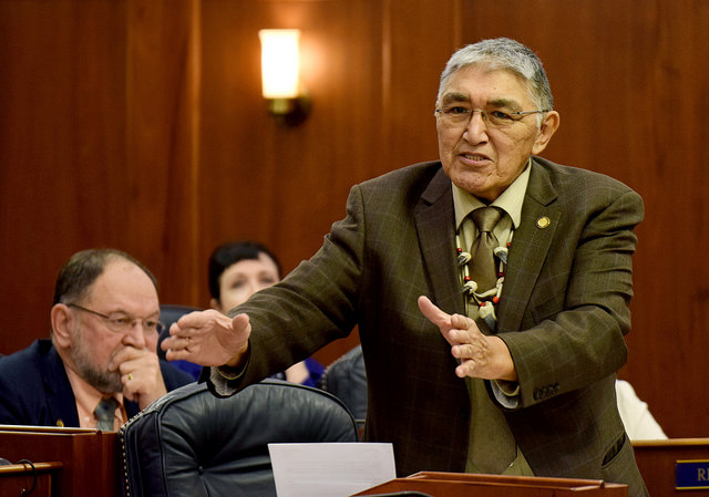 Rep. Benjamin Nageak, D-Barrow, speaks in the Alaska House of Representatives during debate on House Bill 123 to establish a marijuana control board in Alaska, April 14, 2015. (Photo by Skip Gray, 360 North)