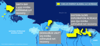Map of areas Caelus is exploring or producing from on the North Slope. (Image courtesy of Caelus Energy)