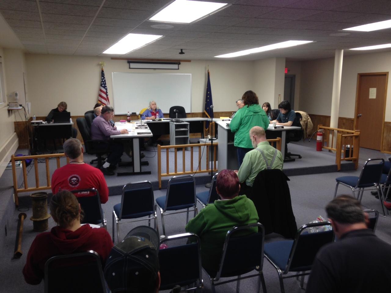 Kim Parker addressed the Dillingham city council Thursday night, asking them to lift a protest of a liquor license transfer and clear the way for a new package store on Raspberry Circle. (Photo by KDLG)
