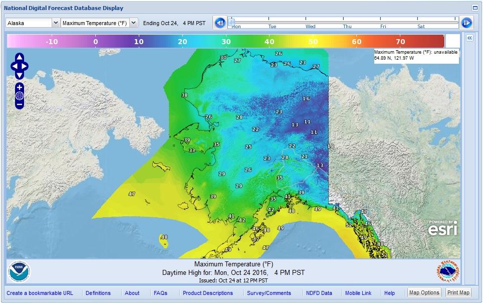 The National Weather Service's daily roundup of temperatures around Alaska at noon Monday shows cool temperatures throughout the Interior. Meteorologist Rick Thoman predicts the region will see more of that sort of near-normal conditions for much of the winter. (Graphic courtesy of the National Weather Service)