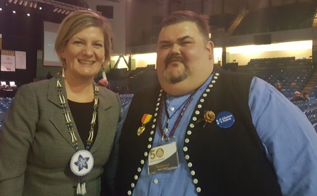 Alaska Attorney General Jahna Lindemuth and Central Council President Chalyee Éesh Richard Peterson at the 2016 Alaska Federation of Natives convention in Fairbanks. (Photo by Jennifer Canfield, KTOO - Juneau)
