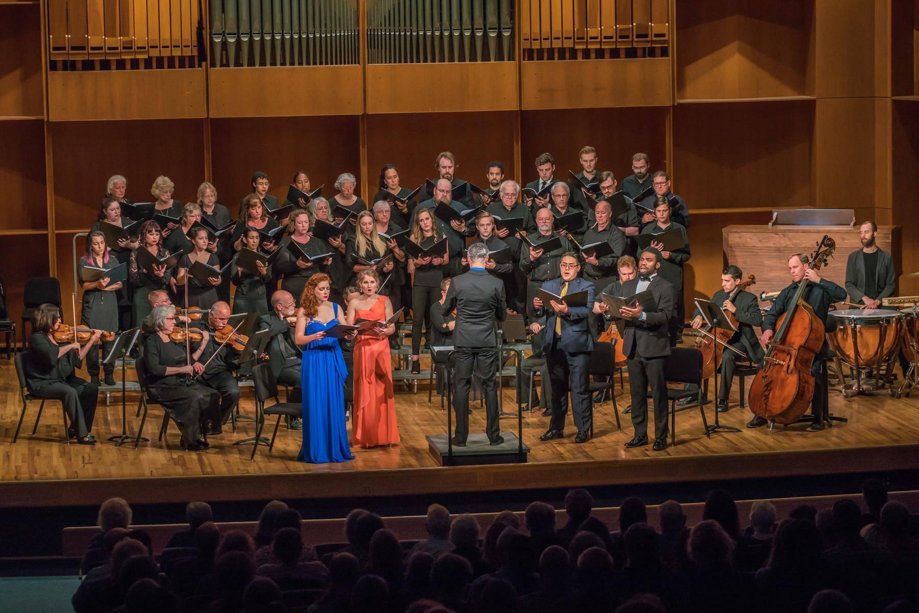 Members of the Fairbanks Summer Arts Festival Symphony and Choir, conducted by Houston Symphony associate conductor Robert Franz, perform the world premiere of "Mass for the Oppressed" on July 30 in the UAF Davis Concert Hall. (Photo courtesy of UAF)