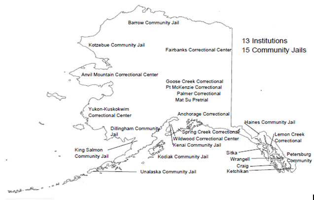 A map of community jails and DOC corrections facilities. Palmer Correctional has closed. (Couretsy of DOC)