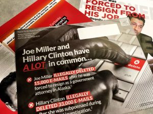 The Alaska GOP is sending mailers comparing Joe Miller to Hillary Clinton.