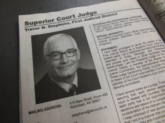 The election pamphlet contains a brief biography of each judge up for retention. (Photo by Matt Miller, KTOO - Juneau)