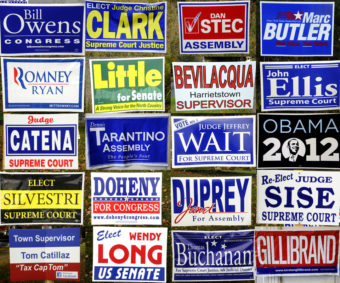 This collage of 2012 campaign yard signs for judges and other elected officials in upstate New York and western Vermont was featured in a blog hosted by North Country Public Radio. (Photo by Mark Kurtz, NCPR - New York)