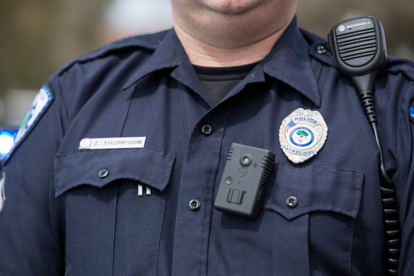 A policeman wears a body camera during St. Patrick’s Day celebrations this year in North Charleston, South Carolina. The Juneau Police Department plans to use grant money to outfit 40 of its officers with body cameras. (Creative Commons photo by North Charleston)