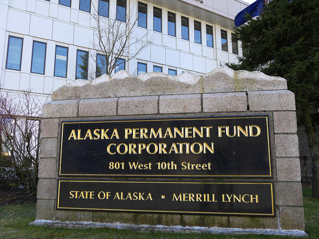 The Alaska Permanent Fund Corp.’s exterior sign. A judge ruled in favor of the corporation and upheld Gov. Bill Walker’s veto of half of dividend funding. (Photo by Skip Gray, 360 North)