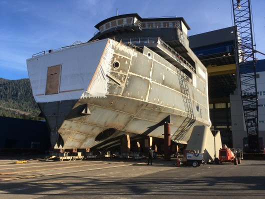 The forward half of the Alaska Class Ferry Tazlina moved out of the assembly hall at the Vigor Alaska shipyard in Ketchikan. (Photo by Leila Kheiry, KRBD - Ketchikan)