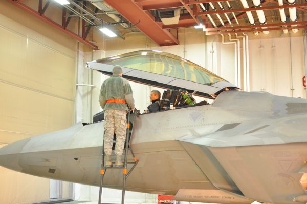 Lieutenant General Kenneth Wilsbach prepares to depart in an F-22 for a training mission. (Photo: Zachariah Hughes, Alaska Public Media - Anchorage)