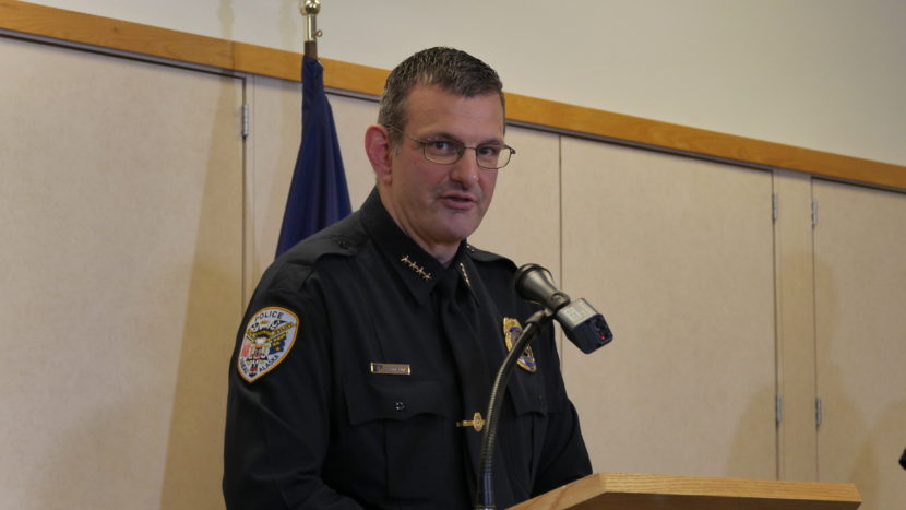Juneau Police Chief Bryce Johnson was one of several city and state officials who spoke at a press conference on the officer-involved shooting Saturday. (Photo by Quinton Chandler, KTOO - Juneau)