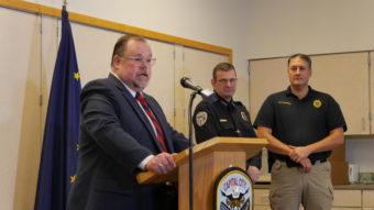Juneau District Attorney James Scott announces the role a new statewide protocol for officer-involved shootings will play in the investigation of Saturday’s shooting. (Photo by Quinton Chandler, KTOO - Juneau)