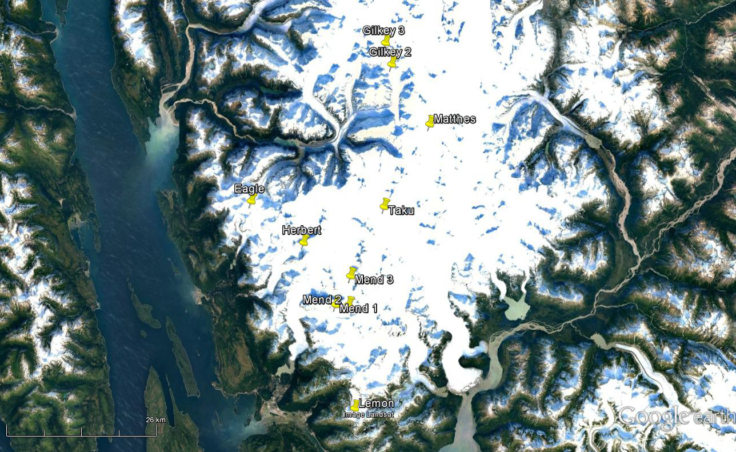 Researchers traveled to ten sites on seven glaciers on the Juneau Icefield in 2016 to find traces of black carbon or soot. (Map courtesy UAS)
