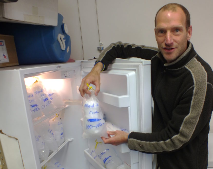 Hardcore science: Jason Fellman, research assistant at University of Alaska Southeast, opens one of the freezers containing snow and ice samples taken from the Juneau Icefield. (Photo by Matt Miller, KTOO - Juneau)