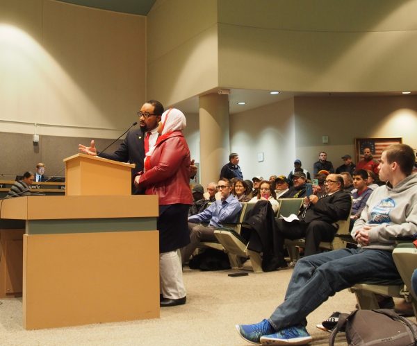 Greg and Maleika Jones spoke to the Assembly Tuesday evening, asking for an apology from member Demboski, and eventually receiving a standing ovation from the crowded chamber. (Photo: Zachariah Hughes, Alaska Public Media)