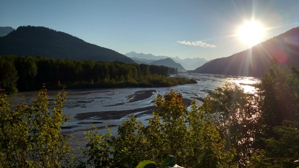 The sun sets Sunday, Aug. 6, over the Chilkat River in Haines. (Photo by Emily Files, KHNS-Haines)
