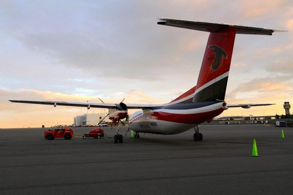 A Ravn Air plane on the tarmac in Anchorage.