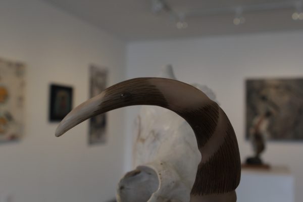Karen Olanna's musk ox horn scultpture "Bird Form on Beach Formed Rock," 2018-2019. (Photo by Amy Mostafa, Alaska Public Media - Anchorage)