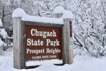 Chugach State Park Prospect Heights sign in winter