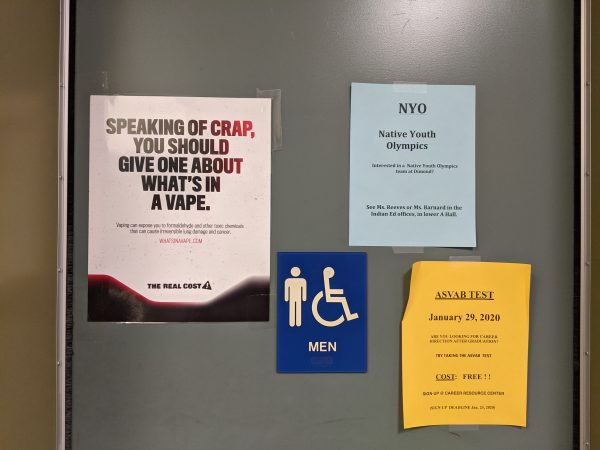 A picture of a men's bathroom door that has some posters including a public awareness poster about toxic chemicals in vape pens