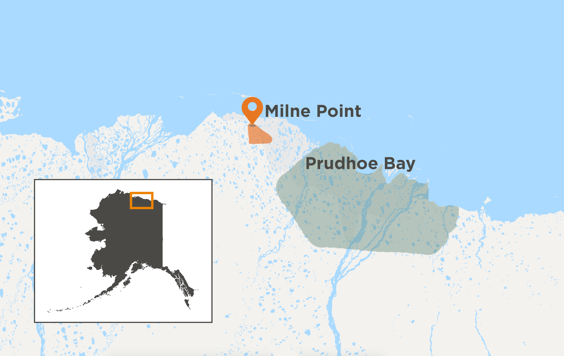 a map shows prudhoe bay and milne point in alaska