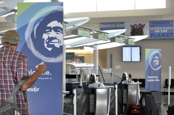 The Alaska Airlines check-in counter at the Ted Stevens Anchorage International Airport.