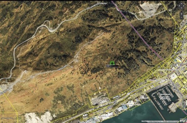 Photo of area based on the Kodiak Police Department’s cell phone tracking system. The green spot marks the location of where the jogger was when he called police for help after the attack.