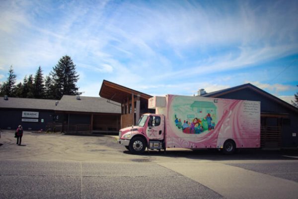 A pink trailer sits in a sunny parking lot. 