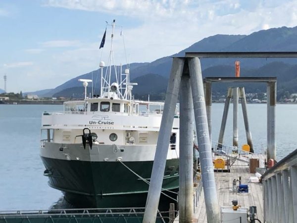 The Wilderness Adventurer, an Uncruise Adventures boat, tied up in Juneau on July 31, 2020.