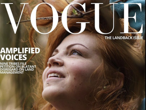 A red-haired white girl looks up and to the left in the cover of a vogue magazine with text about the Tongass