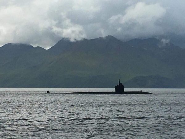 A Russian-style submarine surfaces in the Bering Sea. 